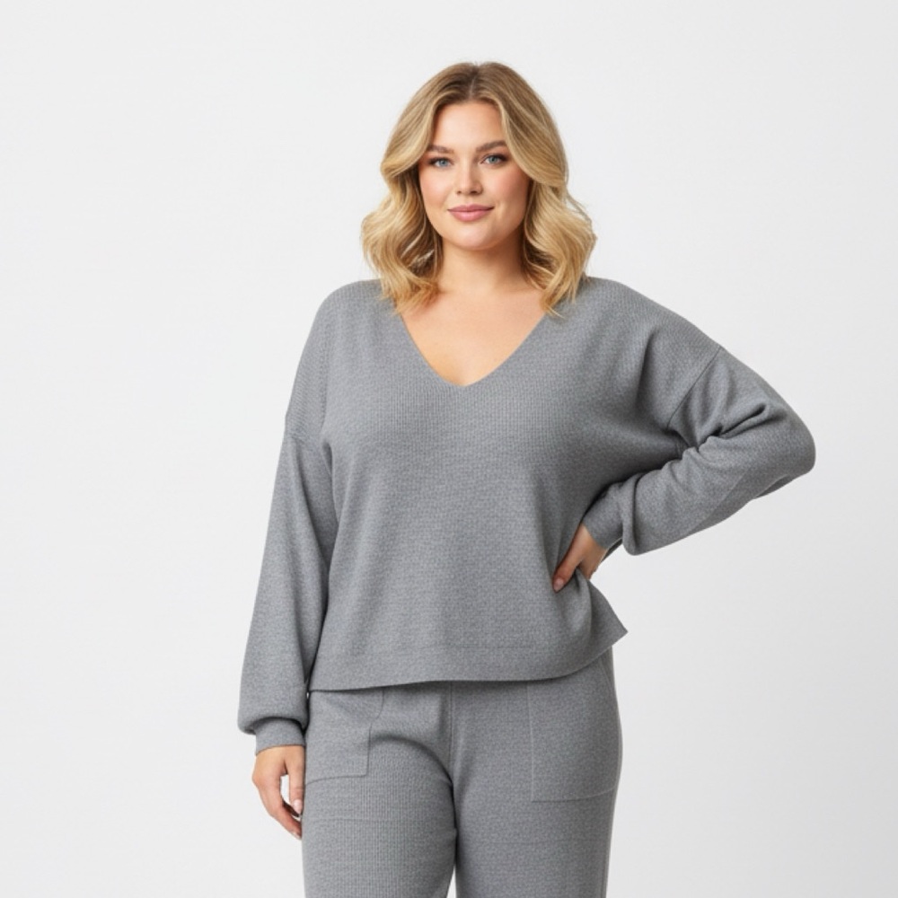 Gray V-Neck Sweater and Pants Set
